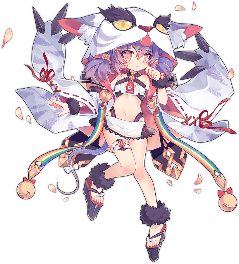1girl animal_ear_fluff animal_ears animal_hood ankle_cuffs ark_order bell blush crop_top detached_sleeves full_body fur_cuffs geta hair_ornament hairclip hood ibex jingle_bell long_sleeves looking_at_viewer midriff miniskirt multicolored_hair nue_(ark_order) official_art purple_hair rainbow_print red_eyes red_footwear red_ribbon ribbon ribbon-trimmed_sleeves ribbon_trim shirt short_twintails sidelocks skirt solo streaked_hair tachi-e thigh_strap transparent_background twintails white_shirt white_skirt wide_sleeves wrist_cuffs