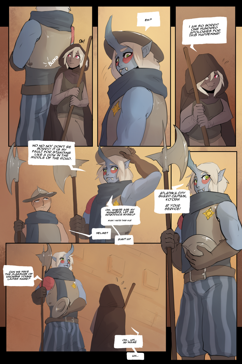 2016 5_fingers arbuzbudesh armor axe black_text blue_body blue_skin clothed clothing colored comic dark_body dark_elf dark_skin day dialogue dialogue_box elf female fingers group hair headgear helmet hi_res holding_object hooded_cloak horn human humanoid humanoid_pointy_ears ko'osh_(arbuzbudesh) light_body light_skin male mammal melee_weapon nameless_(arbuzbudesh) ogre outside polearm red_eyes speech_bubble staff text trio weapon white_hair