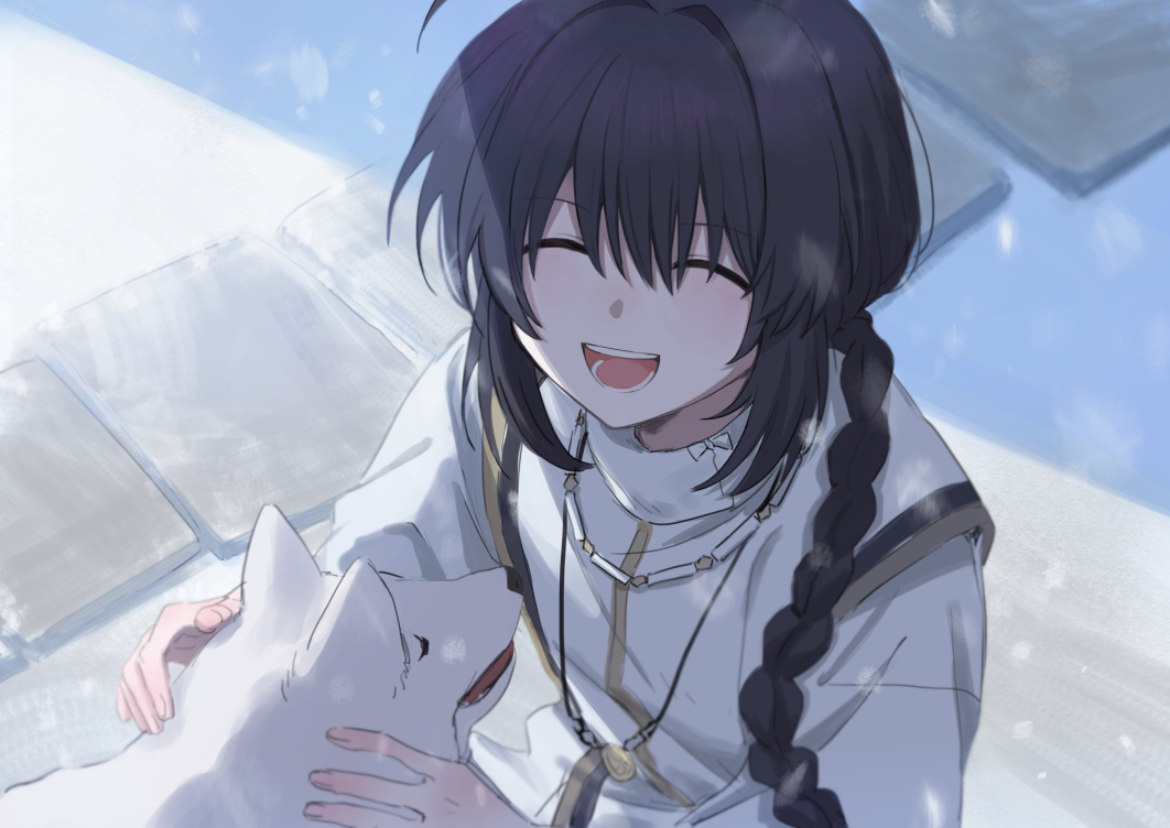 1other ahoge amulet androgynous black_hair braid braided_ponytail closed_eyes facing_up fate/samurai_remnant fate_(series) hair_intakes japanese_clothes jewelry jp_(diiuclove) necklace petting single_braid smile snowing solo white_dog yamato_takeru_(fate)