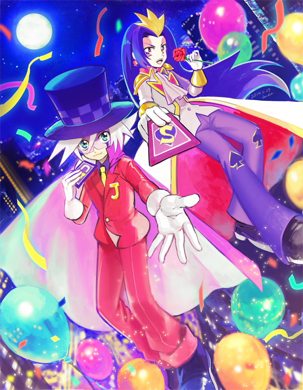 2boys ascot black_footwear card city city_lights closed_mouth coat confetti earrings flower fon-due_(fonfon) full_moon gloves green_eyes hat holding holding_card holding_flower jacket jewelry joker_(kaitou_joker) kaitou_joker kaitou_spade long_sleeves looking_at_viewer male_focus moon multicolored_hair multiple_boys necktie night offering_hand open_mouth pants purple_hair purple_hat purple_pants purple_shirt red_flower red_jacket red_rose red_shirt rose shirt shoes spade_(shape) standing streaked_hair top_hat white_ascot white_coat white_gloves white_hair white_jacket yellow_necktie