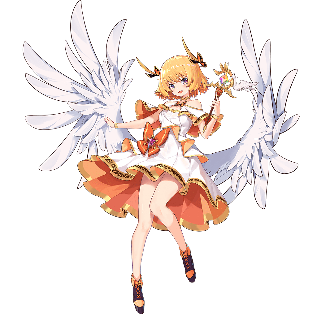 1girl angel_wings ark_order artist_request black_footwear blonde_hair bow bracelet capelet dress dress_bow feathered_wings full_body gold_trim holding holding_wand iris_(ark_order) jewelry looking_at_viewer low_twintails multicolored_eyes official_art orange_bow purple_eyes shoes short_hair sidelocks sleeveless sleeveless_dress solo tachi-e transparent_background twintails wand white_capelet white_dress white_wings wings yellow_eyes