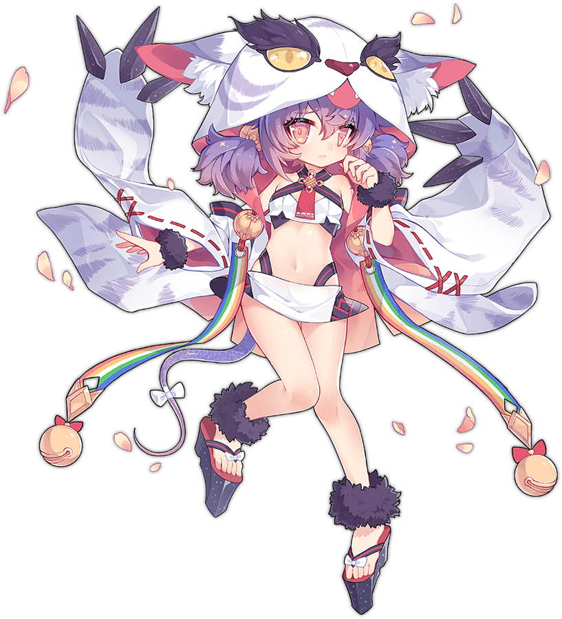 1girl animal_ear_fluff animal_ears animal_hood ankle_cuffs ark_order bell blush crop_top detached_sleeves full_body fur_cuffs geta hair_ornament hairclip hood ibex jingle_bell long_sleeves looking_at_viewer midriff miniskirt multicolored_hair nue_(ark_order) official_art purple_hair rainbow_print red_eyes red_footwear red_ribbon ribbon ribbon-trimmed_sleeves ribbon_trim shirt short_twintails sidelocks skirt solo streaked_hair tachi-e thigh_strap transparent_background twintails white_shirt white_skirt wide_sleeves wrist_cuffs