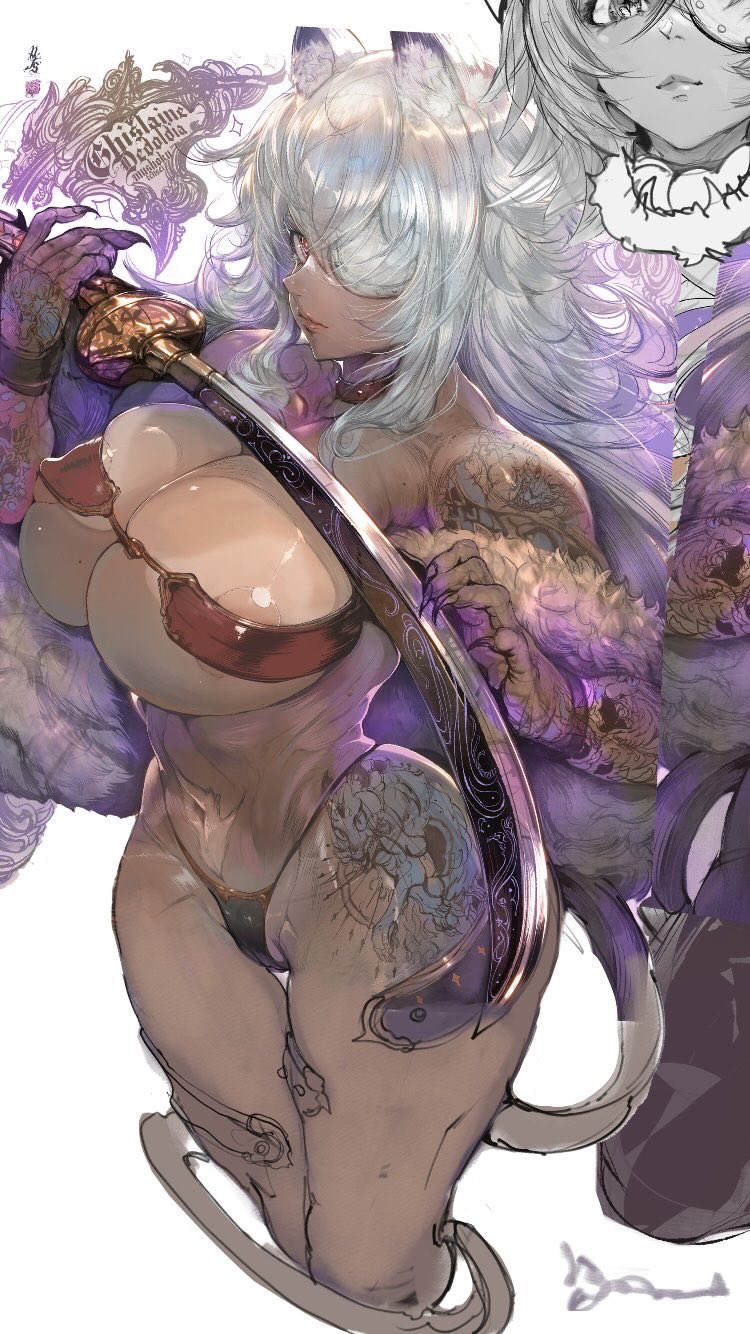 1girl animal_ear_fluff animal_ears breasts claws dark_skin from_above ghislaine_dedoldia hair_over_one_eye highres katana large_breasts long_hair mushoku_tensei parkjinsuky simple_background skindentation solo strapless sword tail tattoo thigh_gap tube_top weapon white_background white_hair
