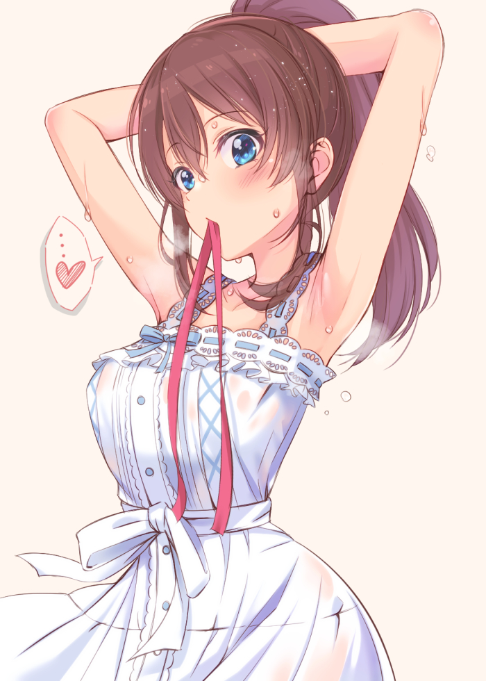 1girl armpits arms_behind_head arms_up bare_shoulders blue_bow blue_eyes blush bow breasts brown_hair collarbone dress heart idolmaster idolmaster_million_live! idolmaster_million_live!_theater_days lace-trimmed_dress lace_trim large_breasts light_brown_background looking_at_viewer mitsuki_(omezame_alice) mouth_hold pink_ribbon ponytail ribbon ribbon-trimmed_dress ribbon_in_mouth satake_minako see-through see-through_dress sidelocks simple_background sleeveless sleeveless_dress solo speech_bubble sweat tying_hair waist_bow white_bow white_dress