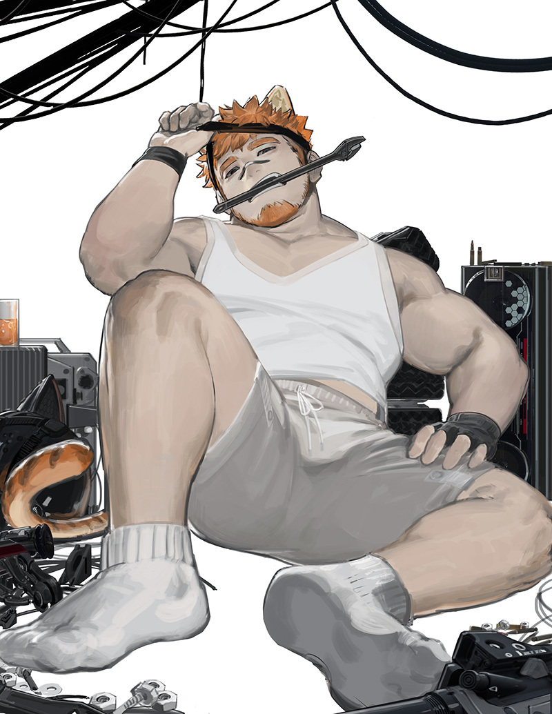 1boy animal_ears bara belly foreshortening head_tilt headband holding holding_wrench large_pectorals male_focus mechanic midriff_peek mouth_hold muscular muscular_male orange_hair original pectoral_cleavage pectorals plump quirrel_(gharnedanshyo) short_hair short_shorts shorts sitting socks solo tail tank_top thick_thighs thighs tiger_boy tiger_ears tiger_tail tool_in_mouth white_tank_top wire wrench