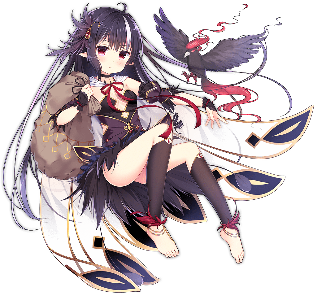 1girl anklet ark_order barefoot bird black_dress black_feathers black_hair black_socks breasts brown_bag crow detached_sleeves dress feather-trimmed_dress feather-trimmed_sleeves feather_hair_ornament feather_trim feathers frilled_cuffs full_body hair_ornament ikataruto jewelry jingwei_(ark_order) kneehighs long_hair looking_at_viewer multicolored_hair official_art pointy_ears puffy_short_sleeves puffy_sleeves red_eyes short_sleeves small_breasts socks solo streaked_hair tachi-e toeless_legwear transparent_background very_long_hair white_hair wrist_cuffs