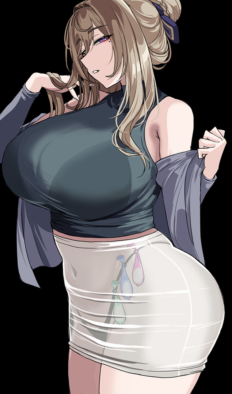 1girl alternate_costume aponia_(honkai_impact) bare_shoulders black_background breasts brown_hair commentary_request condom condom_belt hair_ornament hand_in_own_hair hands_up hella_p highres honkai_(series) honkai_impact_3rd korean_commentary large_breasts long_sleeves looking_at_viewer mole mole_under_eye off_shoulder parted_lips purple_eyes see-through see-through_skirt simple_background skirt solo used_condom