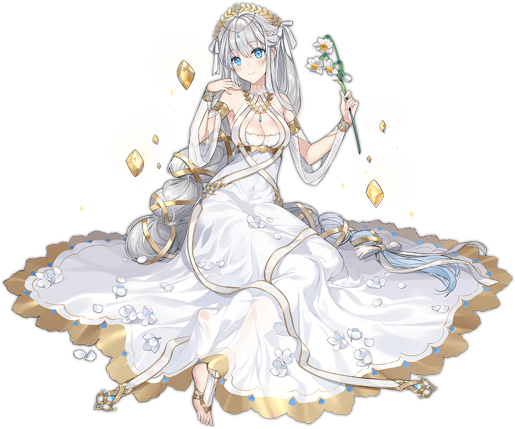 1girl ark_order armlet barefoot barefoot_sandals_(jewelry) blue_eyes bracelet braid breasts cleavage closed_mouth clothing_cutout daffodil detached_sleeves dress flower full_body gold_trim grey_hair hair_ribbon hatoyama_itsuru head_wreath jewelry large_breasts laurel_crown looking_at_viewer necklace official_art on_floor ribbon sitting smile solo tachi-e transparent_background virgo_(ark_order) white_dress white_flower white_ribbon