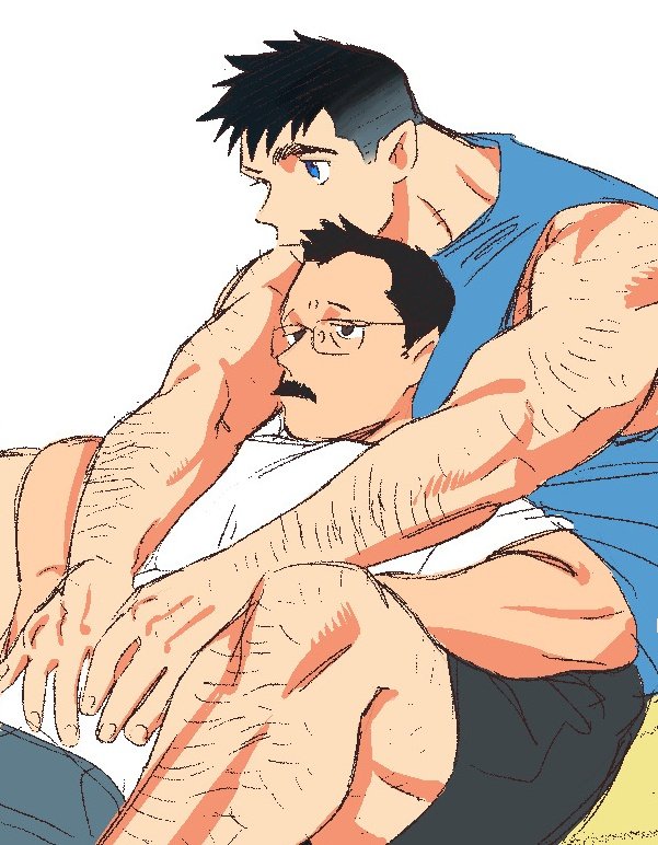 2boys bara beard_over_mouth between_pectorals billy_russell_(dickfish) couple dickfish_(fishismdick) expressionless feet_out_of_frame glasses head_between_pecs john_rottweil_(dickfish) large_pectorals leaning_back leaning_on_person looking_ahead male_focus mature_male multiple_boys muscular muscular_male original pectorals shirt short_hair sidepec sleeveless sleeveless_shirt sparse_leg_hair thick_arm_hair thick_eyebrows thick_mustache three_quarter_view traditional_media yaoi