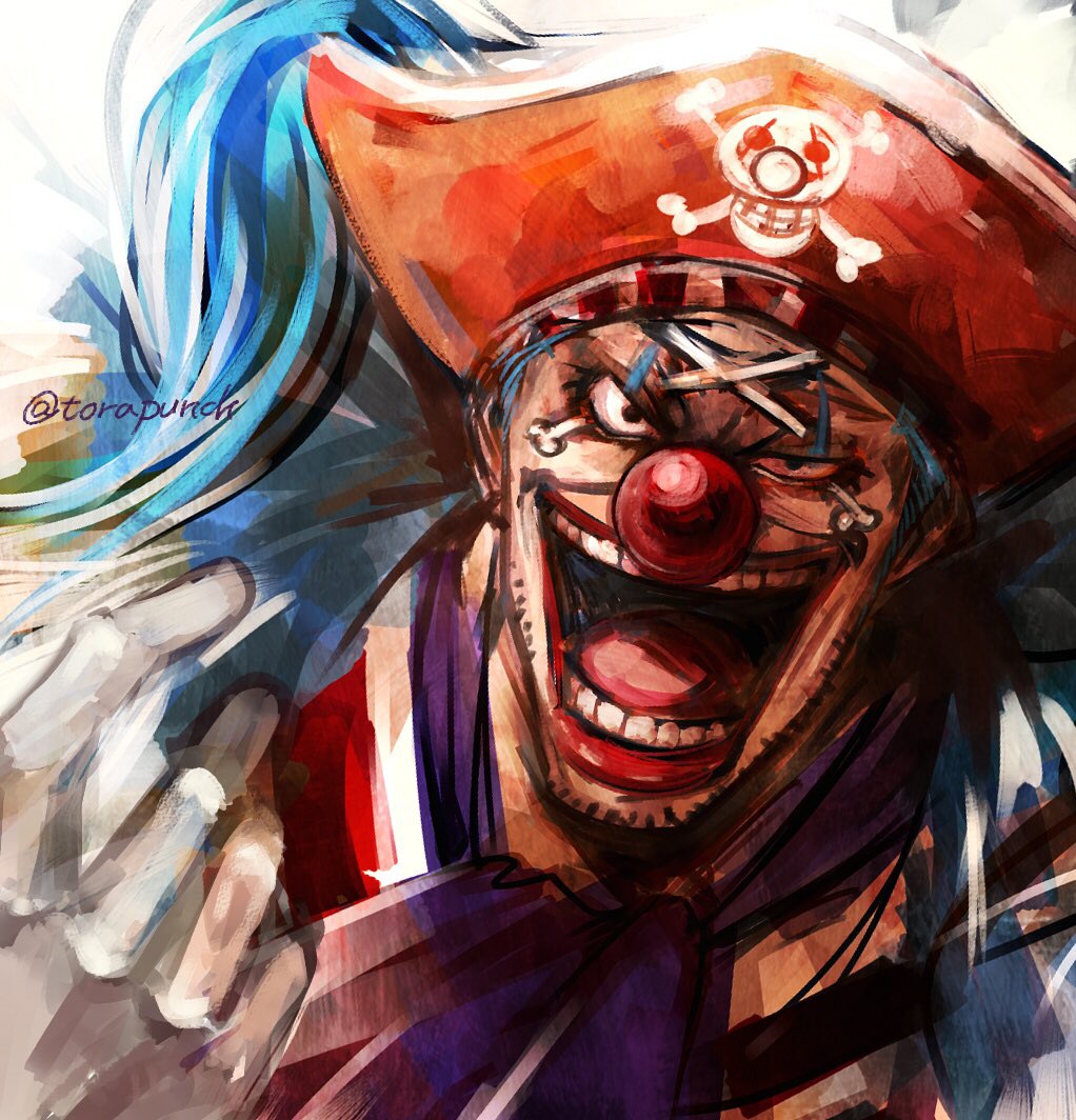 1boy artist_name black_eyes blue_hair buggy_the_clown clown_nose commentary_request facepaint facial_hair gloves hat looking_at_viewer male_focus one_piece open_mouth orange_hat pirate_hat red_nose skull_and_crossbones smile solo teeth torapunch twitter_username white_gloves