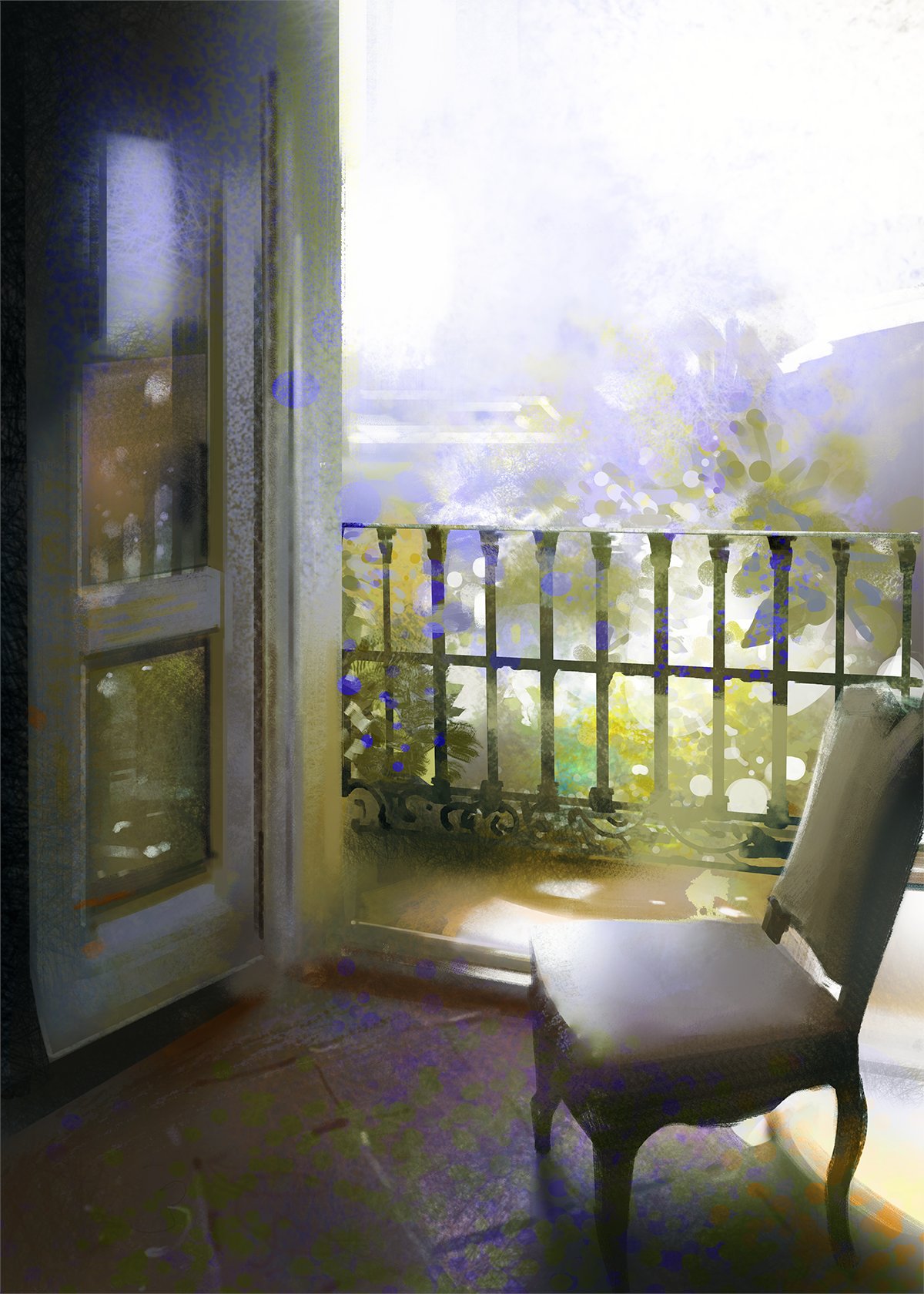 abstract_background art_study balcony bench chair commentary day door english_commentary faux_traditional_media fence flower highres indoors leaf no_humans original painting_(object) plant potted_plant railing realistic scenery shadow sitting sky sunlight table tile_floor tiles tree wooden_door yuming_li