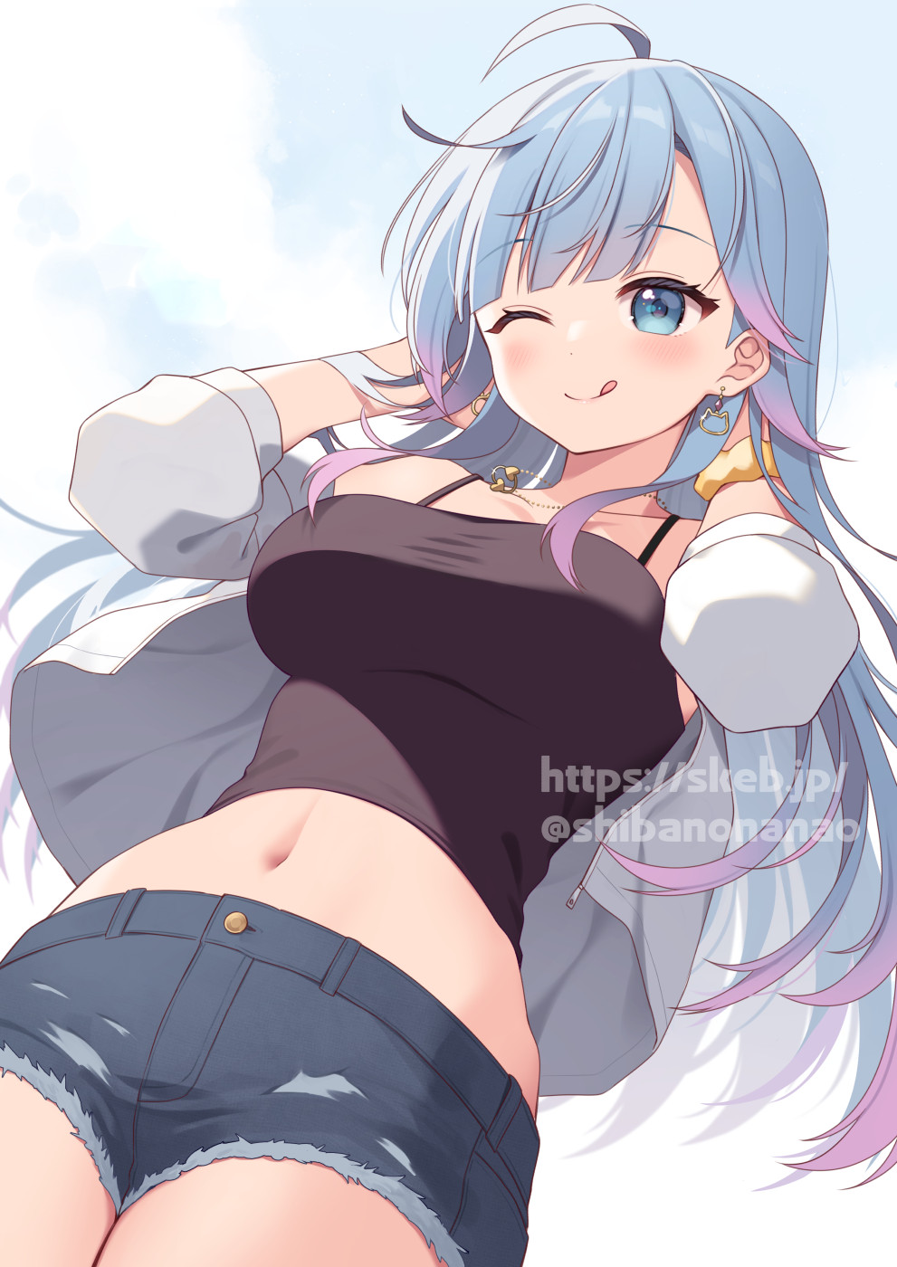 1girl ;q ahoge bare_shoulders black_shirt blue_eyes blue_hair blue_shorts breasts camisole character_request check_character closed_mouth commission cowboy_shot crop_top cutoffs denim denim_shorts earrings gradient_hair hands_up highres indie_virtual_youtuber jacket jewelry large_breasts long_sleeves midriff multicolored_hair navel necklace off_shoulder one_eye_closed open_clothes open_jacket setsuna_meguri shirt short_shorts shorts sleeveless sleeveless_shirt smile solo spaghetti_strap standing stomach taut_clothes taut_shirt thighs tongue tongue_out torn_clothes torn_shorts uramakaron virtual_youtuber white_jacket