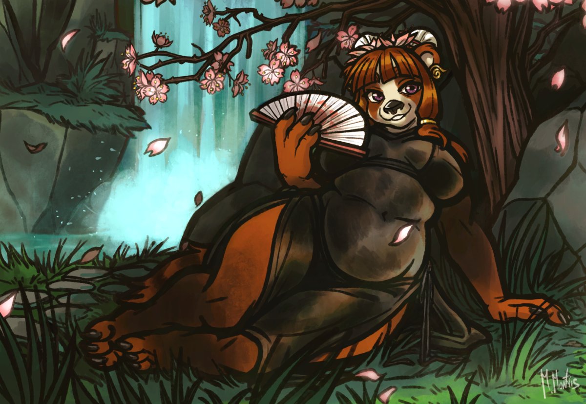 anthro bear black_clothing black_dress blizzard_entertainment bra cherry_blossom clothing curvy_figure dress ear_piercing ear_ring female giant_panda grass hair hair_bun hand_fan lying mammal marcie_montis on_side orange_body pandaren piercing plant purple_eyes ring_piercing serene solo translucent translucent_clothing tree underwear warcraft waterfall wide_hips