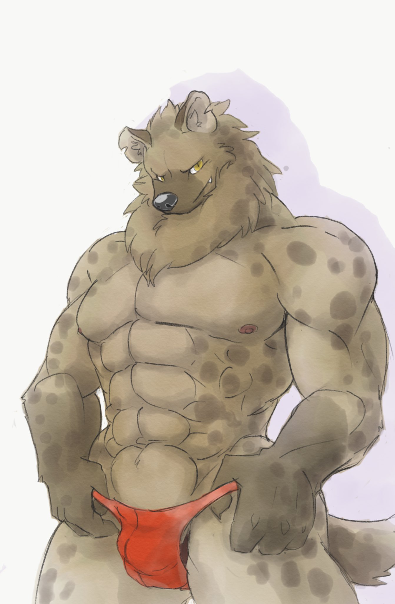 2017 abs anthro barazoku brown_body brown_ears brown_fur brown_spots bulge clothing digital_media_(artwork) fangs fur geppei5959 grey_nose hi_res hyena male mammal markings muscular muscular_anthro muscular_male neck_tuft nipples pecs pink_nipples portrait red_clothing red_underwear solo spots spotted_body spotted_fur spotted_hyena standing teeth three-quarter_portrait tuft underwear yellow_eyes