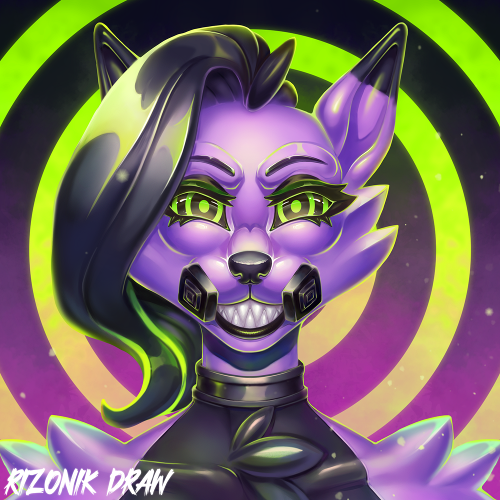 anthro black_body canid colored detailed digital_drawing_(artwork) digital_media_(artwork) digital_painting_(artwork) female fur glowing green_eyes hair hypno_eyes hypnosis hypnotic_eyes latex liquid_latex looking_at_viewer mammal mind_control portrait purple_body ringed_eyes rizonik shaded smile solo sparkles tuft