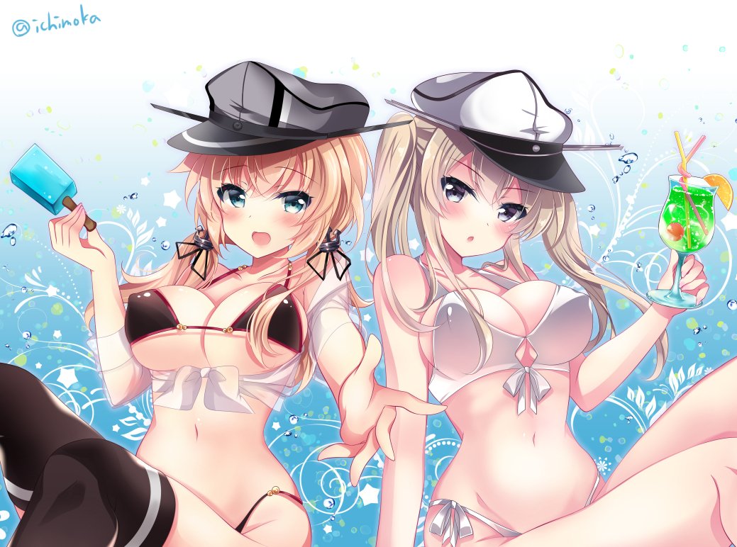 anchor anchor_hair_ornament aqua_eyes bangs bikini black_bikini black_legwear blonde_hair blush breasts cleavage commentary_request drink eyebrows_visible_through_hair food front-tie_bikini front-tie_top graf_zeppelin_(kantai_collection) grey_eyes hair_between_eyes hair_ornament hand_up hat ichiyou_moka kantai_collection large_breasts long_hair looking_at_viewer low_twintails multiple_girls navel open_mouth peaked_cap popsicle prinz_eugen_(kantai_collection) side-tie_bikini smile swimsuit twintails white_bikini