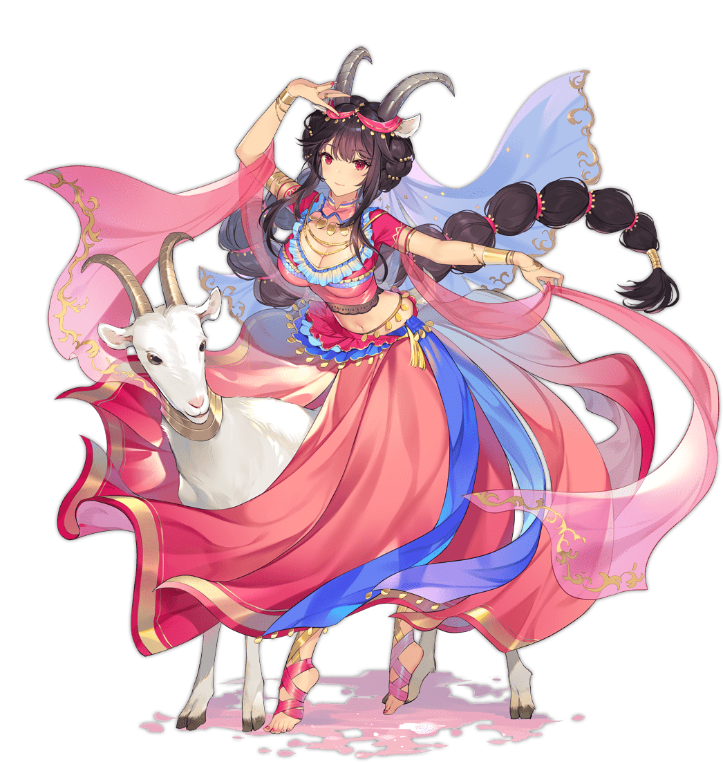1girl animal_ears ark_order armpits black_hair bra bracelet breasts cleavage dancer dancing goat goat_(ark_order) goat_ears goat_girl goat_horns goat_tail gold gold_necklace hair_ornament hatoyama_itsuru horns jewelry large_breasts leg_ribbon long_hair long_skirt looking_at_viewer low-tied_long_hair multi-tied_hair multiple_rings nail_polish necklace no_shoes official_art pink_bra pink_nails pink_skirt red_eyes ribbon ring sidelocks skirt solo tachi-e thigh_ribbon toenail_polish toenails transparent_background underwear very_long_hair