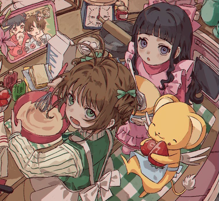 2girls apron black_hair brown_hair cardcaptor_sakura cooking daidouji_tomoyo dress eating food fruit green_dress green_eyes grey_eyes indoors kero_(cardcaptor_sakura) kinomoto_sakura kitchen li_meiling li_syaoran long_hair milk mixing_bowl multiple_girls pink_dress short_hair strawberry tomoja_rs whisk