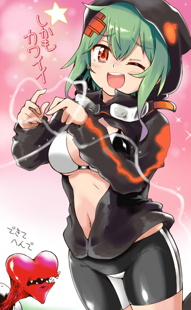 1girl ;d bike_shorts bikini bikini_top_only black_bikini black_jacket blush breasts cleavage commentary_request cowboy_shot digimon digimon_(creature) digimon_world_re:digitize digitamamon goggles goggles_around_neck green_hair hair_between_eyes hair_ornament heart heart_hands hood hood_up hooded_jacket jacket long_sleeves looking_at_viewer medium_breasts n36hoko navel one_eye_closed open_mouth orange_eyes over-kneehighs partially_unzipped shinomiya_rina short_hair short_hair_with_long_locks sidelocks smile standing standing_on_one_leg stomach swimsuit teeth thighhighs translation_request two-tone_bikini upper_teeth_only white_bikini x_hair_ornament