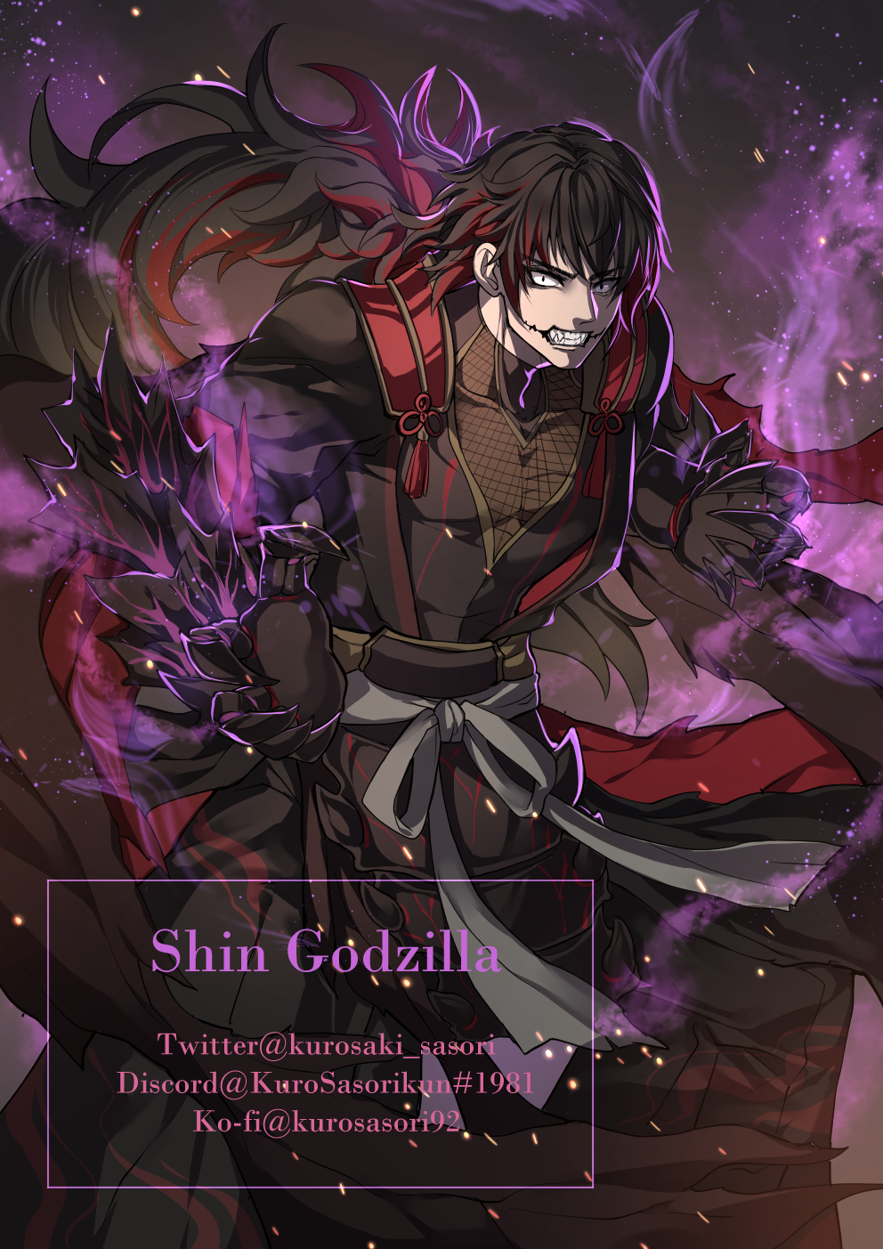 1boy armor aura black_hair clawed_gauntlets dark_aura elbow_spikes godzilla godzilla_(series) godzilla_(shin) highres japanese_armor japanese_clothes kurosaki_sasori long_hair multicolored_hair personification ponytail red_hair scar scar_on_face scar_on_mouth shin_godzilla solo tail