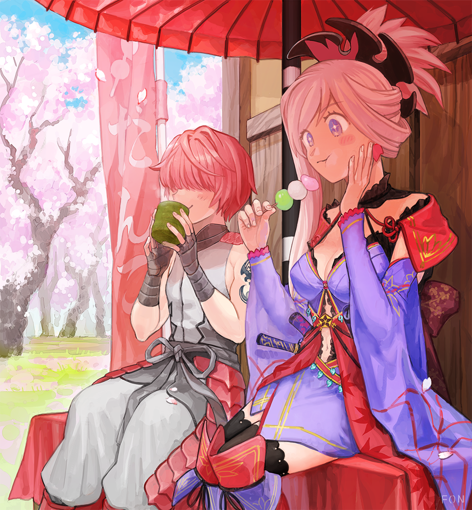 1boy 1girl banner breasts cherry_blossoms chewing cleavage cup dango drinking eating eyelashes fate/grand_order fate_(series) fon-due_(fonfon) food fuuma_kotarou_(fate) grey_pants grey_shirt hair_over_eyes holding holding_cup japanese_clothes kimono miyamoto_musashi_(fate) oil-paper_umbrella pants pink_hair purple_eyes purple_kimono shirt shoulder_tattoo sitting smile spring_(season) sword tattoo umbrella wagashi weapon yunomi