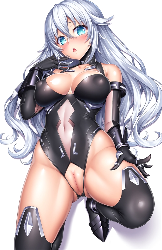 bare_shoulders black_heart black_legwear black_leotard blue_eyes blush boots breasts cleavage cleavage_cutout commentary_request covered_navel crotch_cutout elbow_gloves embarrassed erect_nipples gloves hand_on_own_thigh hand_up lambda_(kusowarota) leotard long_hair looking_at_viewer medium_breasts neptune_(series) open_mouth power_symbol pussy see-through silver_hair simple_background skin_tight solo symbol-shaped_pupils thigh_boots thighhighs white_background