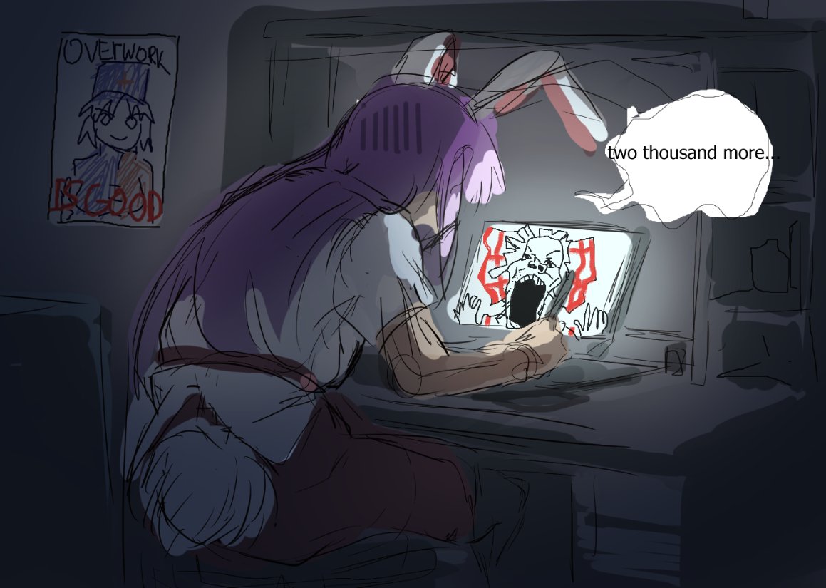 1girl animal_ears commentary dark_room desk drawing_tablet english_commentary english_text fujiwara_no_mokou holding holding_stylus indoors long_hair meme monitor on_chair poster_(object) rabbit_ears rabbit_girl reisen_udongein_inaba shirt short_sleeves sitting sketch solo soyjak sparkle71059204 speech_bubble stylus touhou white_shirt yagokoro_eirin