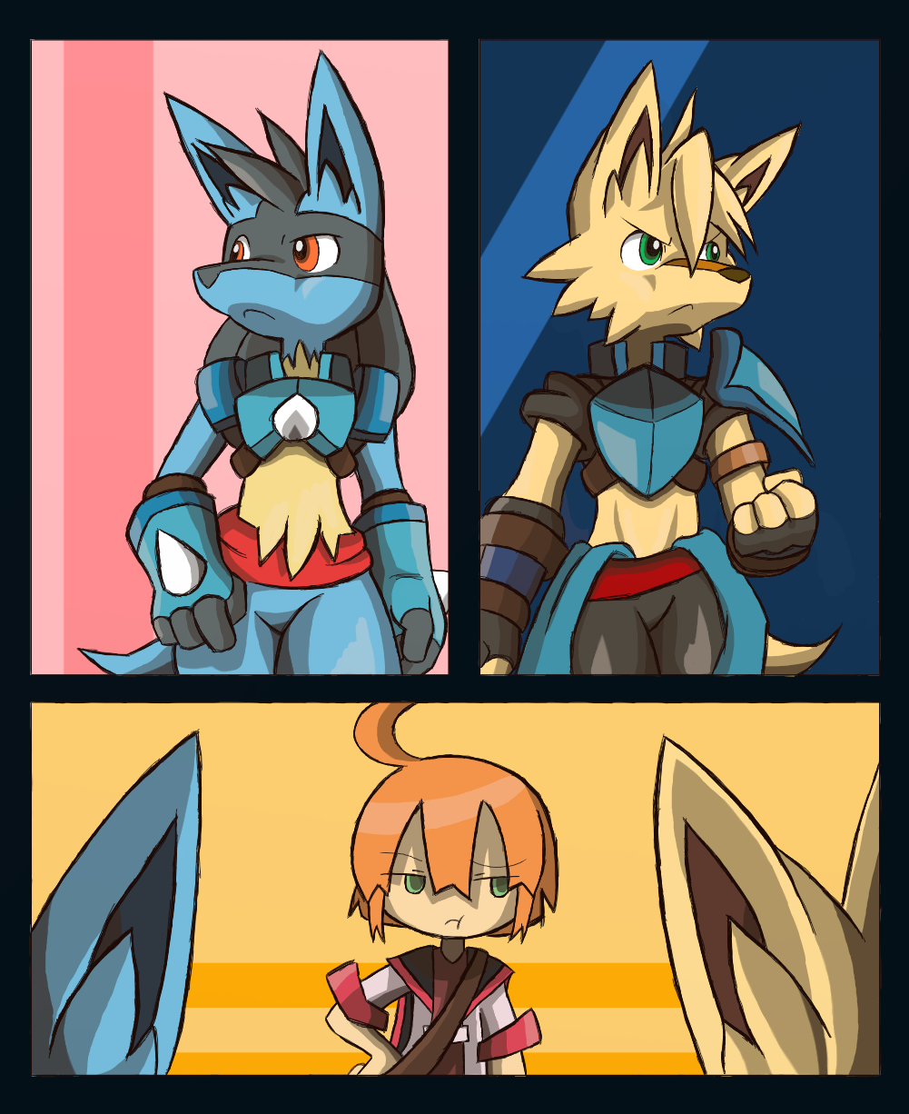 anthro armor clothing crop_top dahecksajerry etrian_odyssey generation_4_pokemon hi_res human lucario male mammal midriff nintendo pokemon pokemon_(species) shirt side_mouth topwear