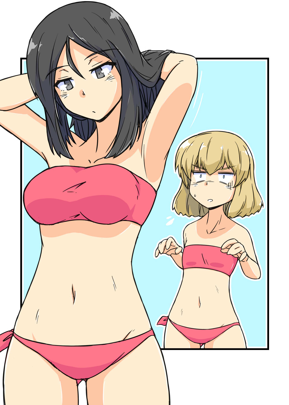 2girls arms_up bikini black_border black_eyes black_hair blonde_hair blue_background bob_cut border breasts closed_mouth commentary_request constricted_pupils flat_cap flying_sweatdrops girls_und_panzer groin hands_in_hair hat highres katyusha_(girls_und_panzer) light_frown long_hair looking_at_another matching_outfits medium_breasts multiple_girls navel nonna_(girls_und_panzer) outside_border parted_lips partial_commentary red_bikini renshiu short_hair side-tie_bikini_bottom standing strapless strapless_bikini sweatdrop swept_bangs swimsuit