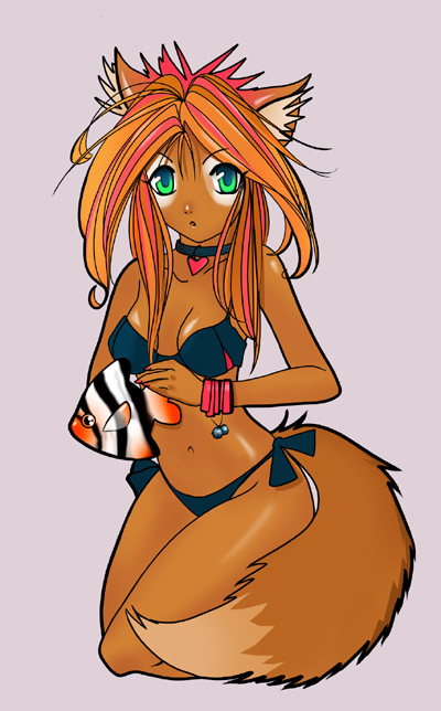 alternative_fashion angelfish animal_humanoid bikini bikini_bottom bikini_top bracelet breasts brown_body brown_skin canid canid_humanoid canine canine_humanoid choker cleavage clothed clothing doven female fox_humanoid ganguro_(fashion) glistening glistening_body glistening_skin green_eyes gyaru humanoid inner_ear_fluff j-fashion jewelry makeup mammal mammal_humanoid manba_(fashion) navel necklace solo swimwear tail tuft