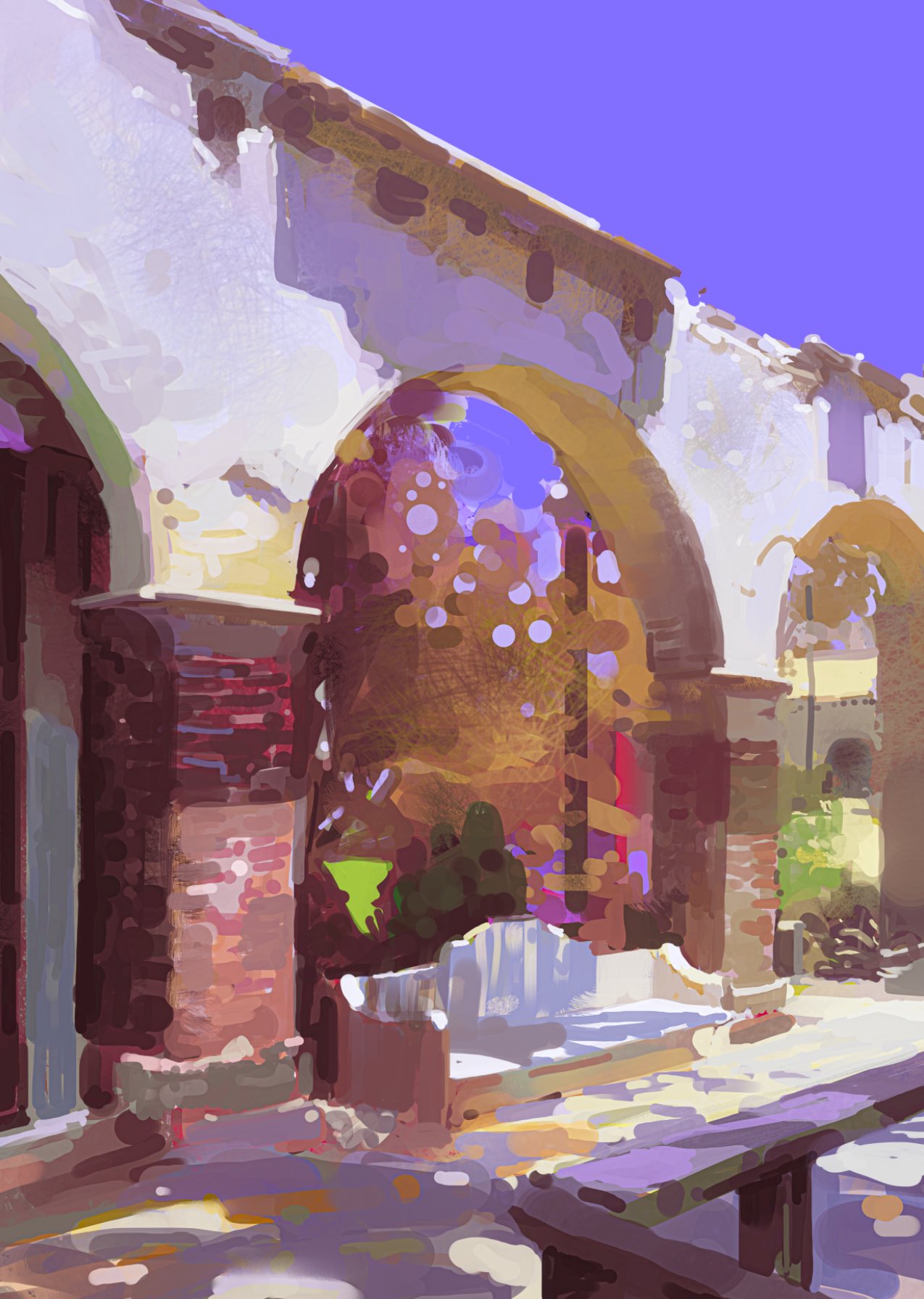 arch art_study bench blue_sky brick building bush commentary day english_commentary faux_traditional_media highres no_humans original outdoors painterly photo-referenced pillar plant scenery shadow sketch sky yuming_li