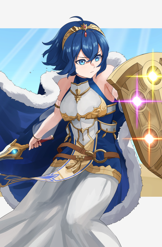 1girl alternate_costume armor bare_shoulders blue_cape blue_eyes blue_hair blue_shirt breastplate cape closed_mouth commentary_request falchion_(fire_emblem) fire_emblem fire_emblem_awakening fur-trimmed_cape fur_trim gold_trim hair_between_eyes holding holding_sword holding_weapon morgan_(female)_(fire_emblem) morgan_(fire_emblem) pearlbbbb pelvic_curtain see-through see-through_sleeves shield shirt short_hair skirt sleeveless sleeveless_shirt solo sword tiara weapon white_skirt