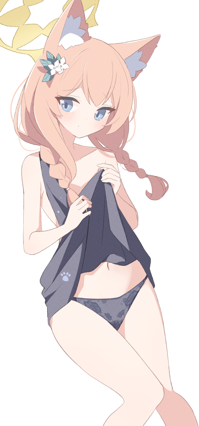 1girl animal_ear_fluff animal_ears bare_shoulders black_panties black_shirt blue_archive blue_eyes blush braid brown_hair cat_ears cat_girl clothes_lift female_pubic_hair flower hair_flower hair_ornament halo highres lace lace_panties lifted_by_self long_hair mari_(blue_archive) navel panties paw_print pubic_hair sasanoha_(sasanoha0712) shirt sidelocks simple_background sleeveless sleeveless_shirt solo twin_braids underwear white_background white_flower yellow_halo