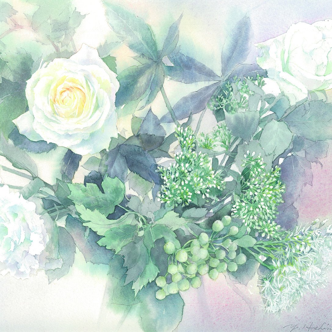 branch flower leaf no_humans original painting_(medium) plant plant_focus rose traditional_media watercolor_(medium) white_flower white_rose yu_grassbird