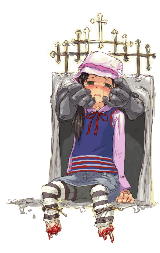 1girl amputee behind_another black_eyes black_hair blue_vest blush broken_bone bucket_hat colored_skin commentary cross cross_bottony crying crying_with_eyes_open denim denim_skirt disembodied_limb double_amputee english_commentary exposed_bone frown furrowed_brow grey_skin guro hair_over_shoulder hands_on_another's_cheeks hands_on_another's_face hat kikai_(akita_morgue) latin_cross long_hair long_sleeves looking_at_viewer open_mouth original pantyhose pink_hat pink_shirt scared shirt simple_background sitting skirt striped_clothes striped_pantyhose tears tied_drawstring tourniquet upskirt vest white_background