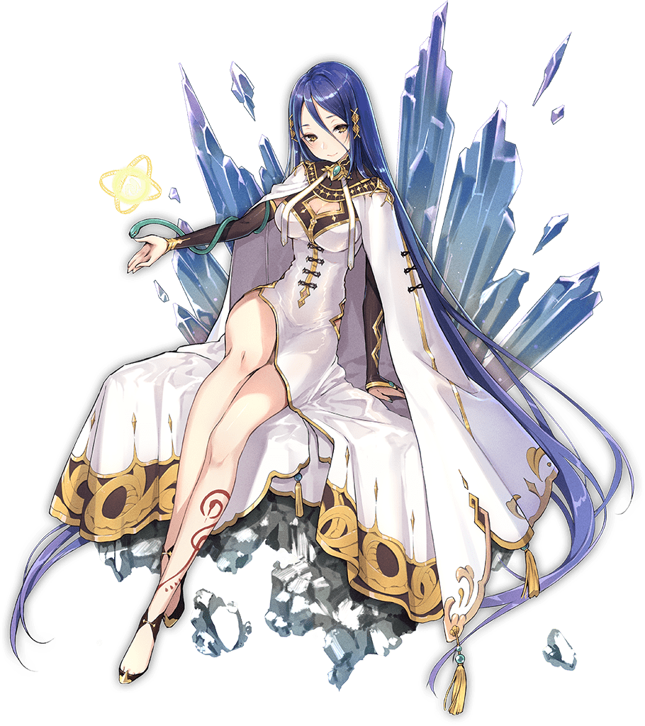 1girl ark_order black_footwear blue_hair blush bracelet breasts butterfly_hair_ornament cape cleavage_cutout closed_mouth clothing_cutout detached_sleeves dress full_body gold_trim hair_ornament hair_tubes ice jewelry kamon_(shinshin) large_breasts leg_tattoo long_hair long_sleeves looking_at_viewer magic nuwa_(ark_order) official_art shoes sidelocks sitting smile solo tachi-e tassel tattoo toe_cleavage transparent_background very_long_hair white_cape white_dress yellow_eyes