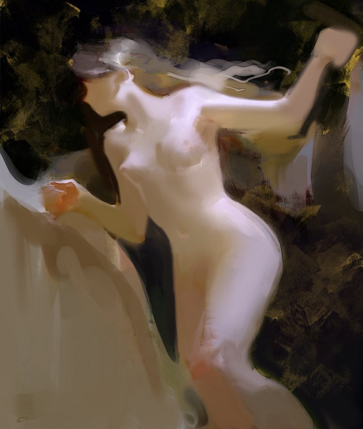 1girl abstract_background arm_up black_background breasts brown_hair collarbone completely_nude dark_background faceless faceless_female faux_traditional_media floating_hair hetero long_hair medium_breasts navel nipples nude original painterly sketch solo yuming_li