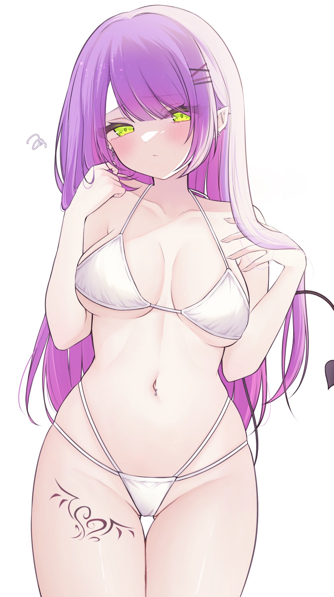 1girl ass_visible_through_thighs bikini blush breasts commentary_request cowboy_shot demon_girl demon_tail ear_piercing earrings green_eyes hair_ornament hairclip highres hololive jewelry leg_tattoo long_hair looking_at_viewer medium_breasts navel navel_piercing nyakano_o piercing pointy_ears purple_hair simple_background solo squiggle swimsuit tail tattoo thigh_gap tokoyami_towa virtual_youtuber white_background white_bikini