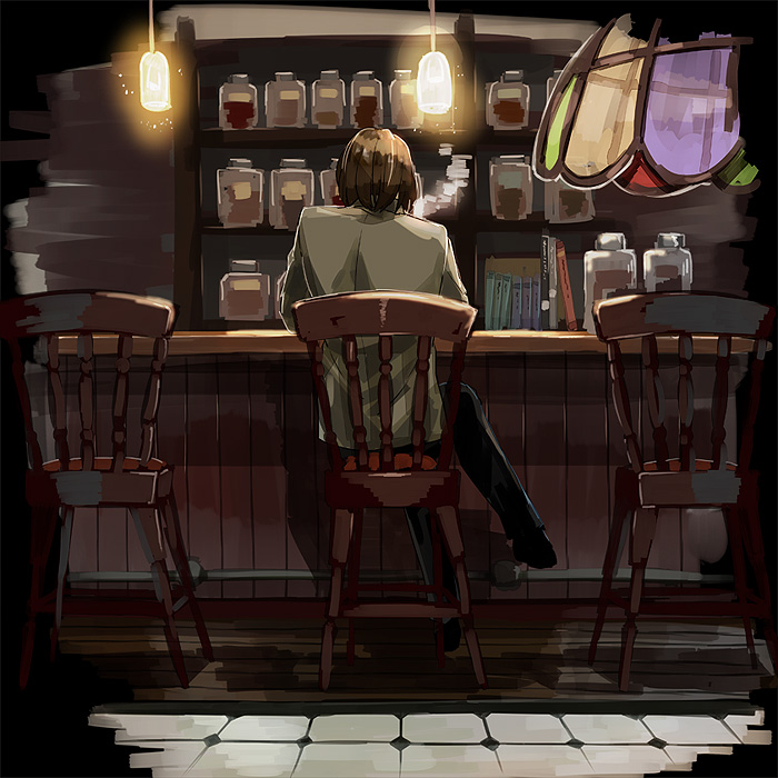 1boy akechi_gorou black_border black_pants book border brown_hair cafe coffee_pot commentary_request counter crossed_legs from_behind full_body hanging_light houhou_(black_lack) indoors jacket light_particles male_focus pants persona persona_5 short_hair sitting solo stained_glass tile_floor tiles