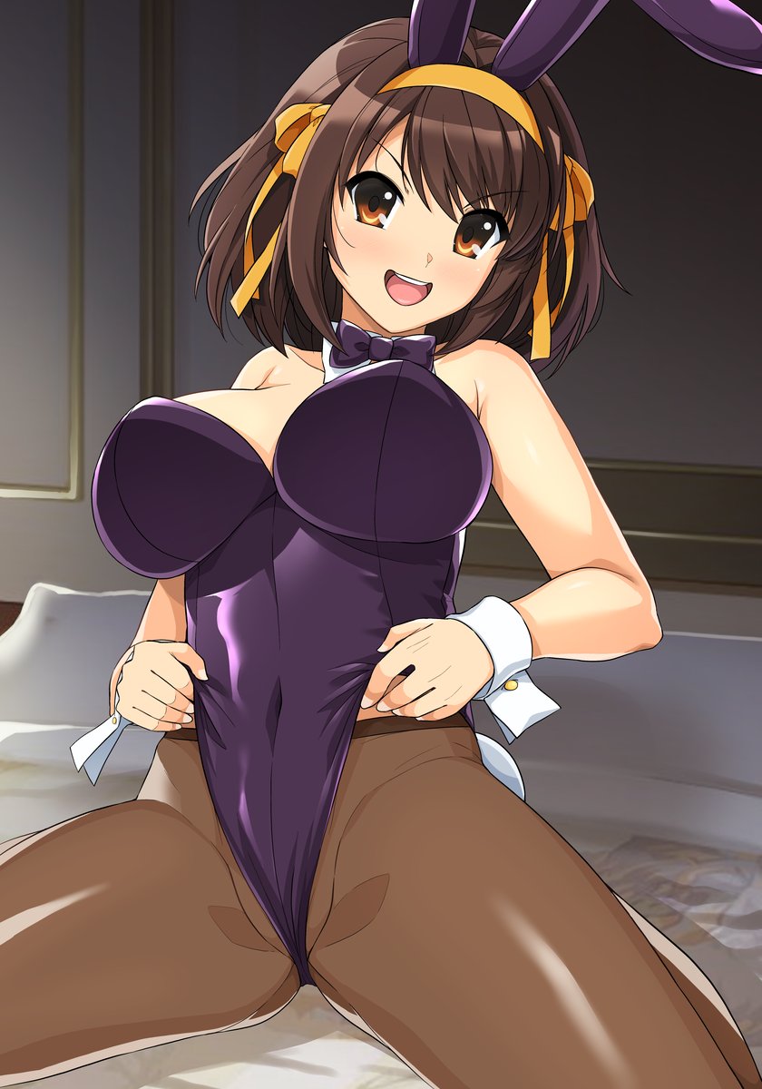 1girl animal_ears blush bow bowtie breasts brown_eyes brown_hair fake_animal_ears haruhisky highres large_breasts leotard open_mouth pantyhose playboy_bunny rabbit_ears ribbon short_hair smile solo suzumiya_haruhi suzumiya_haruhi_no_yuuutsu wrist_cuffs yellow_ribbon