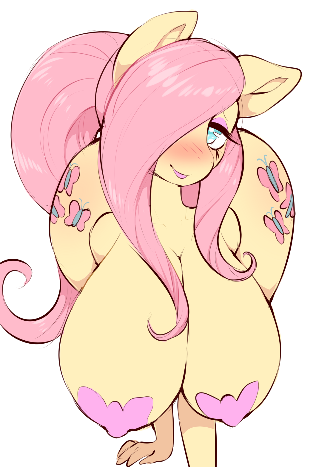 2018 anthro blue_eyes blush breasts cutie_mark digital_media_(artwork) equine female fluttershy_(mlp) friendship_is_magic hair hi_res lipstick long_hair looking_at_viewer makeup mammal my_little_pony napdust nude pink_hair solo wide_hips