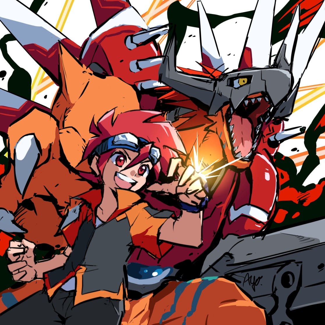 arm_cannon ayo_(ayosanri009) black_jacket black_pants claws colored_skin cyborg digimon digimon_(creature) dinosaur fewer_digits goggles hair_between_eyes helmet horns jacket mechanical_arms open_mouth orange_skin original pants red_eyes red_hair rizegreymon sharp_teeth shirt single_mechanical_arm sketch spiked_hair teeth upper_body upper_teeth_only weapon white_background white_shirt yellow_eyes