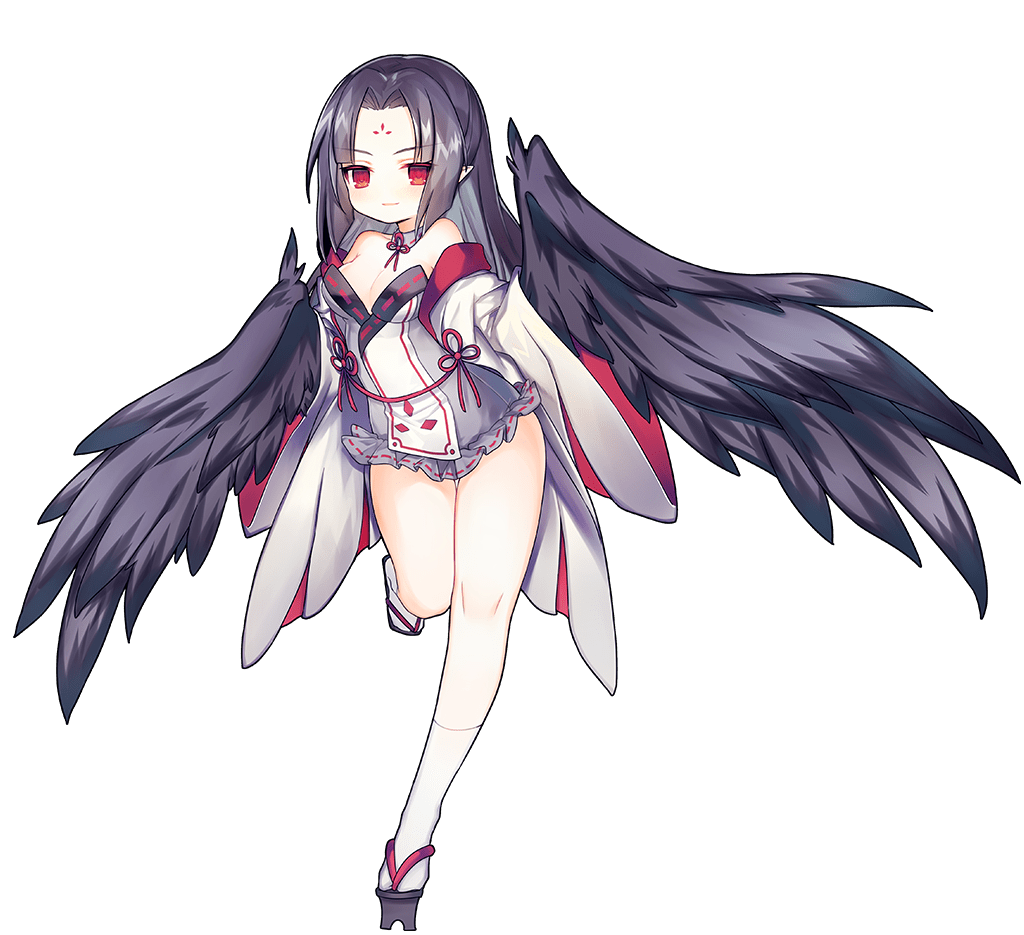 1girl ao_jun ark_order black_feathers black_hair black_wings breasts detached_collar detached_sleeves dress facial_mark falling_feathers feathered_wings feathers forehead_mark full_body geta harpy karasu_tengu_(ark_order) long_hair long_sleeves looking_at_viewer medium_breasts monster_girl official_art one_side_up red_eyes sidelocks solo tachi-e third-party_source transparent_background white_dress wide_sleeves winged_arms wings