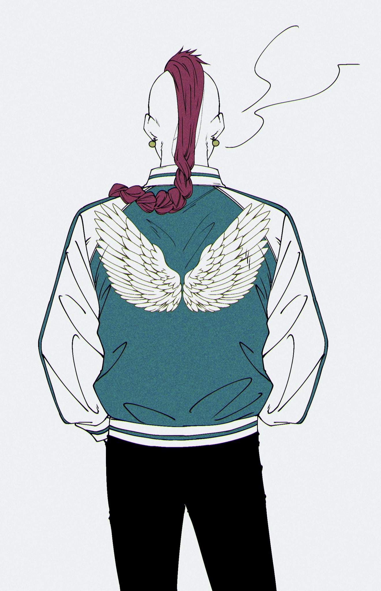 1boy alternate_costume casual cowboy_shot earrings facing_away from_behind highres jacket jewelry letterman_jacket male_focus mohawk one_piece pants partially_colored pink_hair ponytail smoke_trail solo wing_print wings wiwi_tebaco4 wyper_(one_piece)
