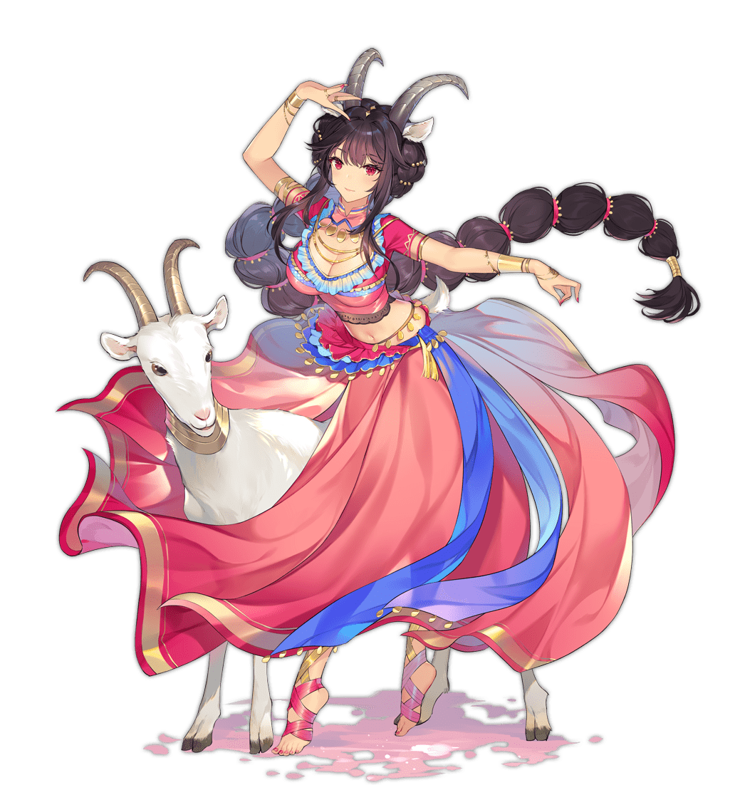 1girl animal_ears ark_order armpits black_hair bra bracelet breasts cleavage dancer dancing goat goat_(ark_order) goat_ears goat_girl goat_horns goat_tail gold gold_necklace hair_ornament hatoyama_itsuru horns jewelry large_breasts leg_ribbon long_hair long_skirt looking_at_viewer low-tied_long_hair multi-tied_hair multiple_rings nail_polish necklace no_shoes official_art pink_bra pink_nails pink_skirt red_eyes ribbon ring sidelocks skirt solo tachi-e thigh_ribbon toenail_polish toenails transparent_background underwear very_long_hair