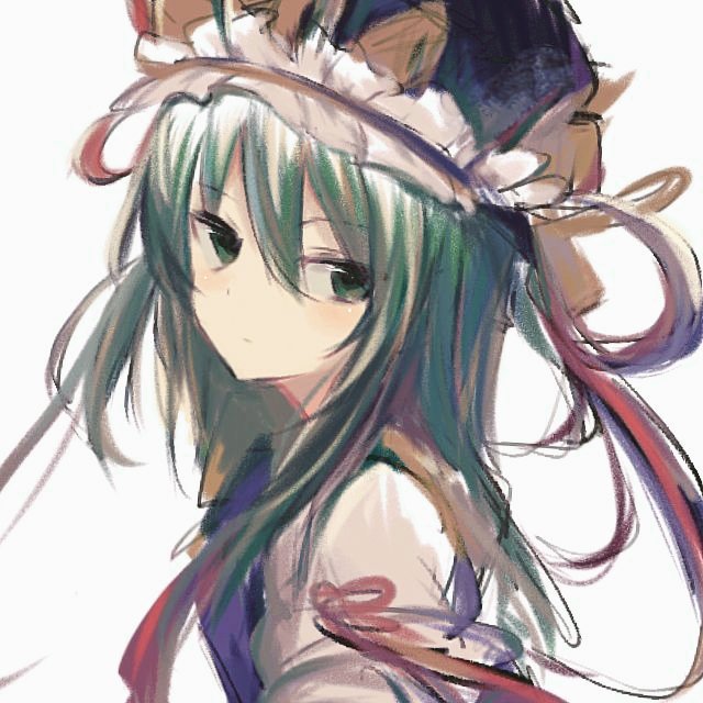 1girl closed_mouth commentary frilled_hat frills green_eyes green_hair hat looking_at_viewer medium_hair shiki_eiki simple_background solo touhou upper_body white_background yutsukiicookie