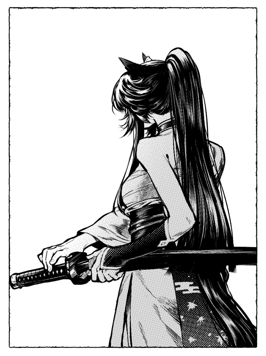 1girl animal_ears border breasts chest_sarashi choker fighting_stance greyscale holding holding_sheath horse_ears horse_girl horse_tail japanese_clothes katana kimono long_hair monochrome narita_brian_(umamusume) ponytail ready_to_draw sarashi sheath single_bare_shoulder small_breasts solo sword tail umamusume upper_body uruimu vambraces weapon