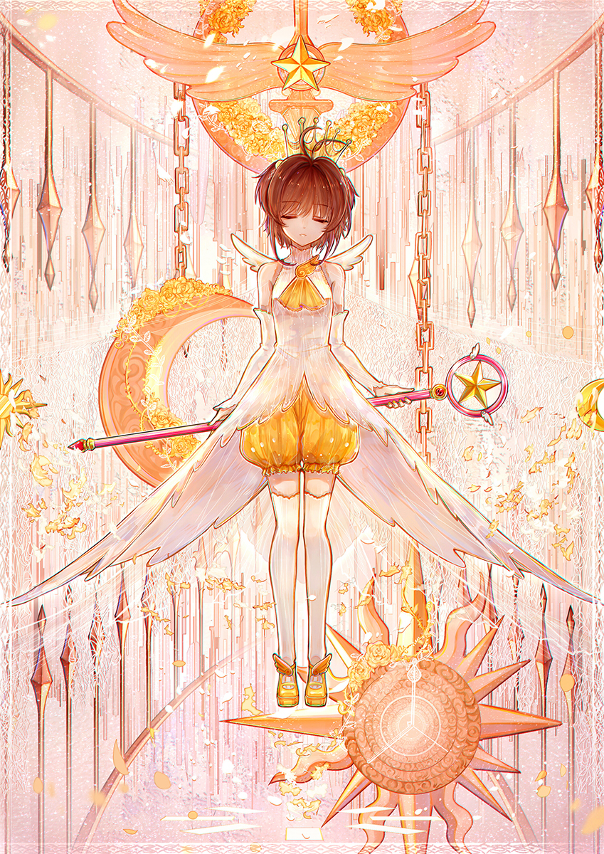 1girl angel_wings antenna_hair bai_qi-qsr bare_shoulders bloomers brown_hair cardcaptor_sakura chain closed_eyes commentary_request crescent_moon crown dress elbow_gloves eyeshadow flower full_body gloves gold_chain halter_dress halterneck highres holding holding_staff kinomoto_sakura magical_girl makeup mary_janes mixed-language_commentary moon orange_background orange_eyeshadow parted_lips petals rose rose_petals shoes short_hair solo staff star_(symbol) straight-on sun_symbol thighhighs turtleneck_dress weapon_behind_back white_dress white_gloves white_thighhighs winged_footwear wings yellow_bloomers yellow_crown yellow_flower yellow_footwear yellow_rose