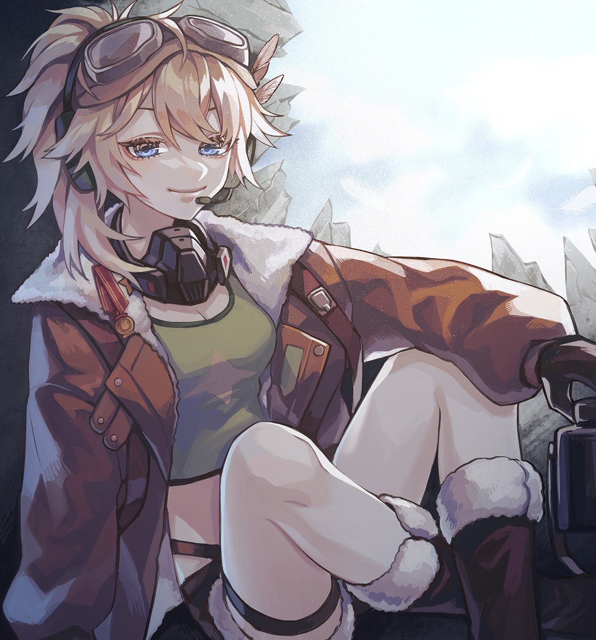 1girl arm_support blonde_hair blue_eyes blue_sky boots breasts broken_wall brown_footwear brown_gloves brown_jacket brown_shorts cleavage closed_mouth cloud crossed_ankles feet_out_of_frame fur-trimmed_boots fur_trim gloves goggles goggles_on_head green_shirt headset highres holding_canteen jacket knees_up lilya_(reverse:1999) long_hair long_sleeves looking_at_viewer mask mask_around_neck midriff open_clothes open_jacket oxygen_mask ponytail puffy_long_sleeves puffy_sleeves reverse:1999 sasori_(xie) shirt short_shorts shorts sitting sky smile solo thigh_strap