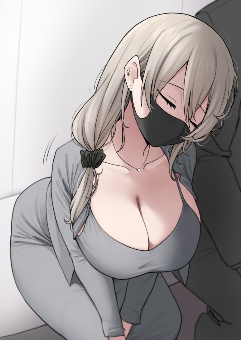 1girl 1other black_mask black_scrunchie breasts cleavage closed_eyes collarbone commentary covered_mouth dongtan_dress dress ear_piercing earrings grey_dress grey_hair hair_between_eyes hair_ornament hair_over_shoulder hair_scrunchie jewelry large_breasts leaning_to_the_side long_hair long_sleeves mask mature_female meme_attire motion_lines mouth_mask nago_purin necklace piercing scrunchie sitting sleeping solo_focus symbol-only_commentary uzaki-chan_wa_asobitai! uzaki_tsuki